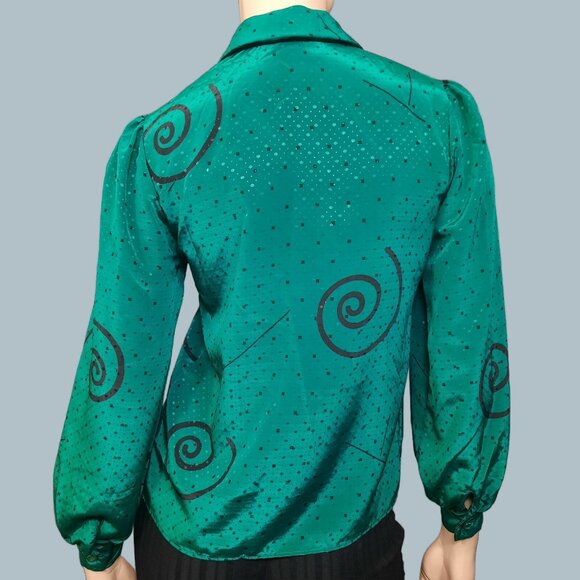 Vintage 80s Secretary Blouse Green Swirl Pattern Tie Neck Long Sleeve Petite M - Picture 7 of 9